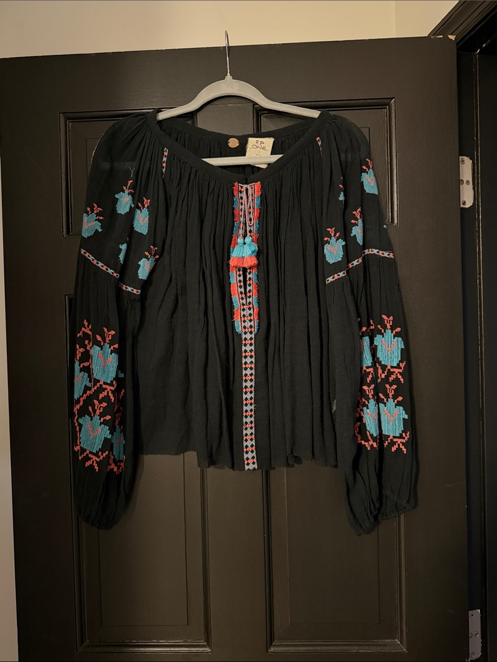 Free People Navy Embroidered Peasant Blouse Boho Tassel Top size small
